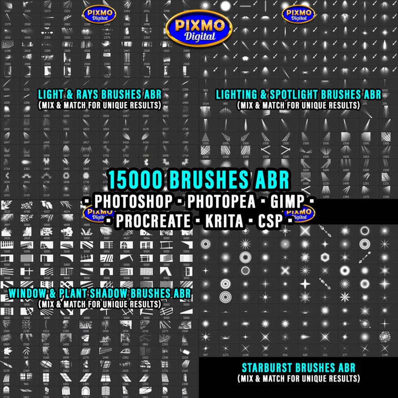 May include: A digital collection of 15000 brushes in ABR format for Photoshop, Photopea, GIMP, Procreate, Krita, and CSP. The image displays grids of white light, ray, spotlight, window, plant shadow, and starburst brush patterns on black backgrounds.