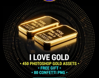 Gold Pack 450 Photoshop Assets: Text Effects PSD, grd, asl + Free Gift Confetti PNG