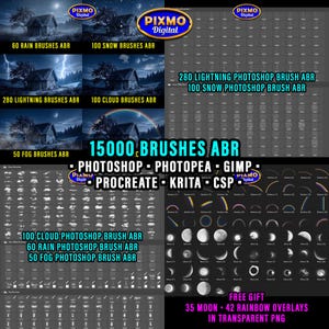 May include: A digital collection of 15,000 ABR brushes for Photoshop, Photopea, GIMP, Procreate, Krita, and CSP. The set includes rain, snow, lightning, cloud, and fog brushes, plus a free gift of 35 moon and 42 rainbow overlays in transparent PNG.