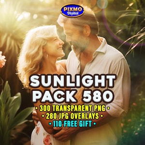 Puede incluir: Un anuncio de producto digital titulado SUNLIGHT PACK 580 con una pareja en un jardín soleado. El texto especifica 300 archivos PNG transparentes, 280 superposiciones JPG y 110 regalos. El logotipo de Pixmo Digital aparece en la parte superior.