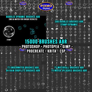 May include: A digital collection of 15000 ABR brushes for Photoshop, Photopea, GIMP, Procreate, Krita, and CSP. The set includes bubbles, underwater, rain, waterfall, and water splash designs displayed in a grid with black backgrounds.