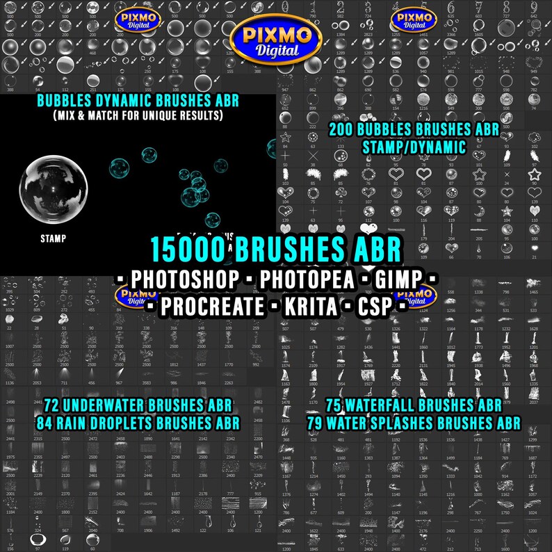 May include: A digital collection of 15000 ABR brushes for Photoshop, Photopea, GIMP, Procreate, Krita, and CSP. The set includes bubbles, underwater, rain, waterfall, and water splash designs displayed in a grid with black backgrounds.