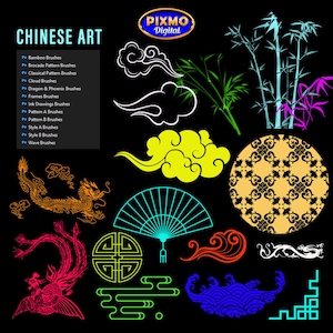 May include: A digital collection of Chinese art assets on a black background, including a dragon, phoenix, bamboo, clouds, a folding fan, and geometric patterns. Text lists brush sets like Bamboo, Brocade, Classical, and Dragon & Phoenix.