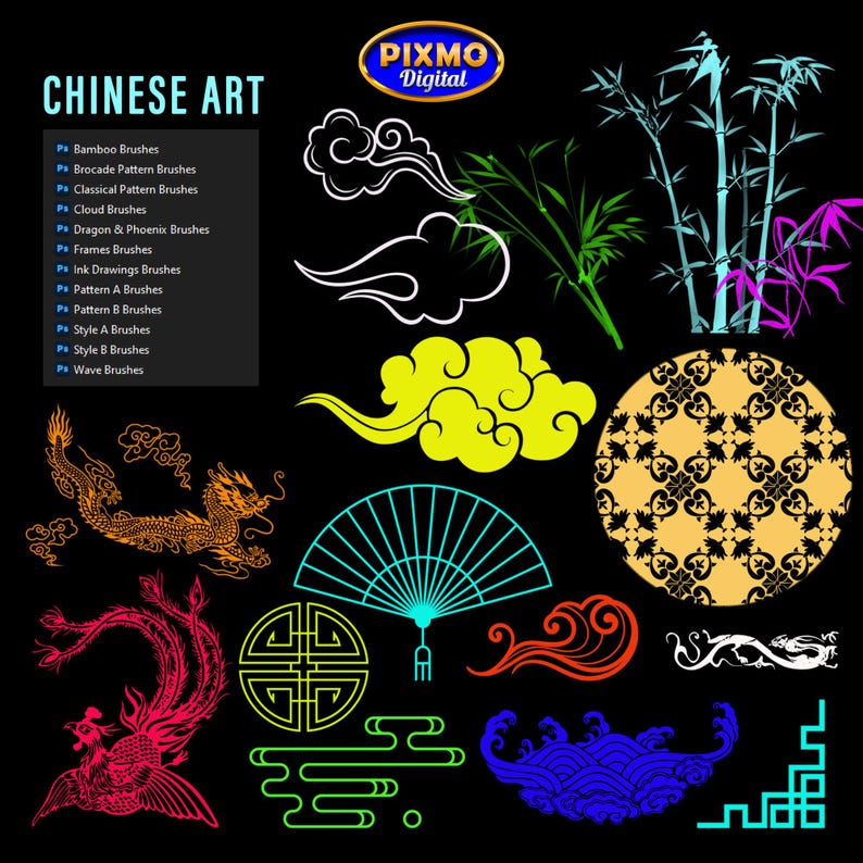 May include: A digital collection of Chinese art assets on a black background, including a dragon, phoenix, bamboo, clouds, a folding fan, and geometric patterns. Text lists brush sets like Bamboo, Brocade, Classical, and Dragon & Phoenix.