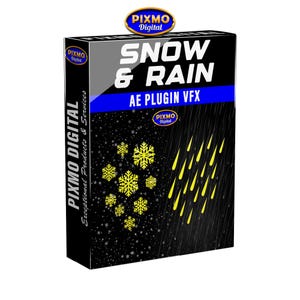 Może przedstawiać: Czarne pudełko z oprogramowaniem Pixmo Digital Snow & Rain AE Plugin VFX. Z przodu znajduje się biały napis SNOW & RAIN oraz AE PLUGIN VFX, a także żółte graficzne ikony płatków śniegu i smug deszczu na czarnym tle.