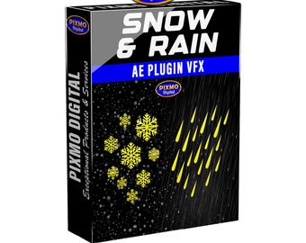 May include: A black software box for Pixmo Digital Snow & Rain AE Plugin VFX. The front features white text reading SNOW & RAIN and AE PLUGIN VFX, with yellow graphic icons of snowflakes and rain streaks against a black background.