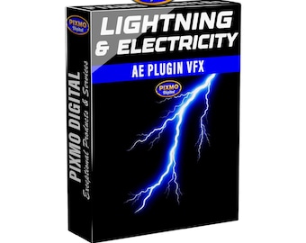 May include: A black rectangular software box for Pixmo Digital Lightning & Electricity AE Plugin VFX. The front features a bright blue lightning bolt graphic on a black background with white text reading Lightning & Electricity and AE Plugin VFX.