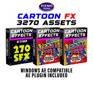 May include: Three digital product boxes labelled Pixmo Digital Cartoon Effects. The first box features 270 SFX and an AE plugin. The second and third boxes are labelled Cartoon FX Vol 1 and Vol 2, each containing 1500 effects and an AE plugin.