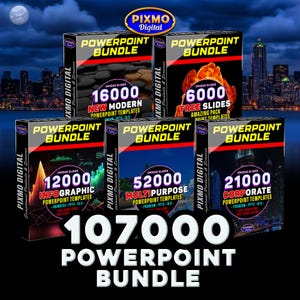 Pode incluir: Uma coleção de produtos digitais com cinco caixas pretas rotuladas Pixmo Digital Powerpoint Bundle, exibindo várias contagens de slides, incluindo 16000, 6000, 12000, 52000 e 21000, totalizando 107000 modelos Powerpoint contra um horizonte urbano.