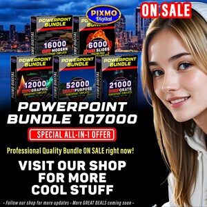 May include: A digital advertisement for a PowerPoint bundle featuring five boxes labeled with slide counts of 16000, 6000, 12000, 52000, and 21000. The text reads Powerpoint Bundle 107000, Special All-In-1 Offer, and Visit Our Shop For More Cool Stuff.