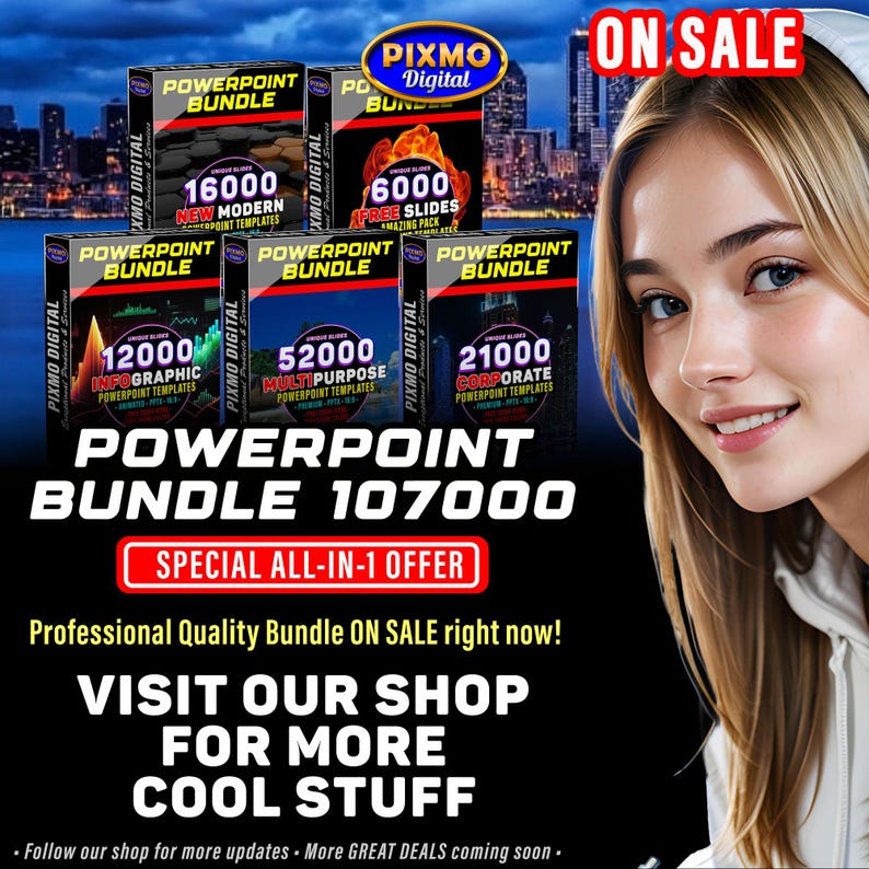 May include: A digital advertisement for a PowerPoint bundle featuring five boxes labeled with slide counts of 16000, 6000, 12000, 52000, and 21000. The text reads Powerpoint Bundle 107000, Special All-In-1 Offer, and Visit Our Shop For More Cool Stuff.