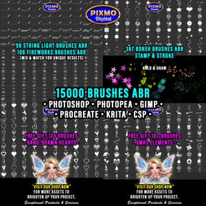 May include: A digital collection of 15000 ABR brushes for Photoshop, Photopea, GIMP, Procreate, Krita, and CSP. Includes string light, fireworks, bokeh, hand-drawn heart, and Christmas element brushes, featuring a fairy illustration at the bottom.