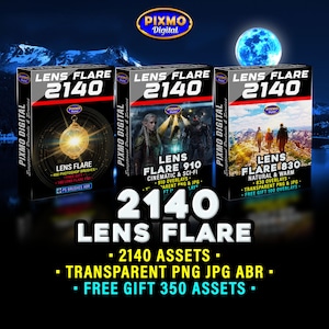 May include: Three rectangular product boxes labeled Lens Flare 2140 by Pixmo Digital. The boxes display digital assets including 400 Photoshop brushes, 910 cinematic and sci-fi overlays, and 830 natural and warm overlays in transparent PNG, JPG, and ABR formats.