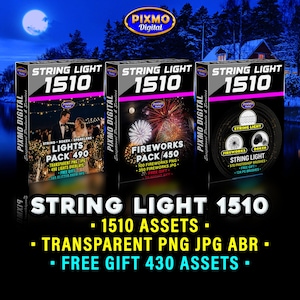 Paket med ljusslingor och fyrverkerier: 1510 transparenta PNG-, JPG- och Photoshop-penslar ABR