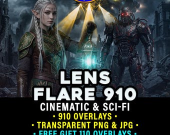 Effetti Lens Flare Cinematic & Sci-Fi: 910 sovrapposizioni in PNG + JPG trasparenti con luce soffusa