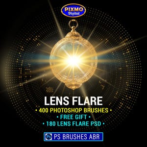 Puede incluir: Gráfico digital con un objeto esférico dorado y ornamentado en el centro, emitiendo un destello de lente brillante y dorado. El texto "LENS FLARE" es prominente, junto con detalles sobre pinceles de Photoshop y un regalo gratuito.