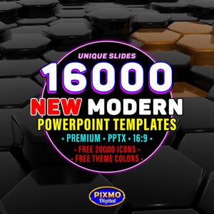 Puede incluir: Un gráfico digital que presenta una insignia circular negra con el texto UNIQUE SLIDES 16000 NEW MODERN POWERPOINT TEMPLATES, PREMIUM, PPTX, 16:9, FREE 20000 ICONS, FREE THEME COLORS y PIXMO Digital, sobre un fondo de hexágonos negros.