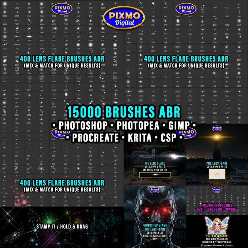 May include: A digital collection of 15000 lens flare brushes in ABR format for Photoshop, Photopea, GIMP, Procreate, Krita, and CSP. The image displays numerous white light flare variations, a lighthouse, and a robotic head with glowing red eyes.