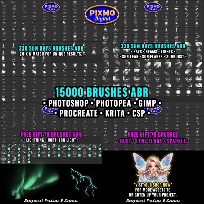 May include: A digital collection of 15000 ABR brushes for Photoshop, Photopea, GIMP, Procreate, Krita, and CSP. The display features 330 sun rays, beams, lights, sun leaks, flares, and sunbursts, plus 78 free lightning, northern light, dust, and sparkle brushes.