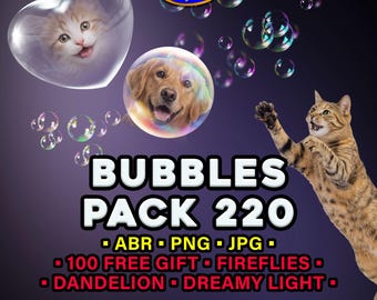 Bubbles Overlays 220 Transparent PNG, JPG & Photoshop Brush + Free Gift Fireflies, Dandelion, Light Leaks