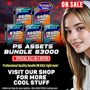 May include: A digital asset bundle for Photoshop featuring 63,000 items including gradients, layer styles, custom shapes, and brushes. The graphic displays the text PS ASSETS BUNDLE 63000, ON SALE, SPECIAL ALL-IN-1 OFFER, and VISIT OUR SHOP FOR MORE COOL STUFF.