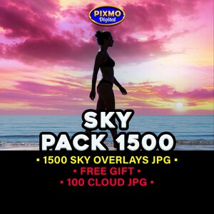 May include: A silhouette of a person walking on a beach at sunset, with a vibrant pink and orange sky. The image includes the text "SKY PACK 1500" and details about sky overlays and cloud JPGs.