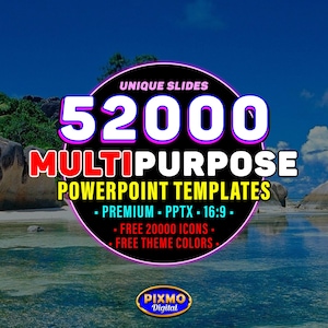 Könnte beinhalten: Eine kreisförmige Grafik mit schwarzem Hintergrund und leuchtend violettem Rand mit dem Text: UNIQUE SLIDES 52000 MULTIPURPOSE POWERPOINT TEMPLATES, PREMIUM, PPTX, 16:9, FREE 20000 ICONS, FREE THEME COLORS und dem Logo PIXMO Digital unten.