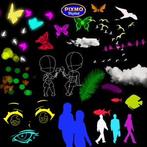 May include: A digital collection of graphic elements on a black background including neon butterflies, white birds, clouds, a green feather, anime-style eyes, and silhouettes of people. The text PIXMO Digital appears in an oval at the top center.