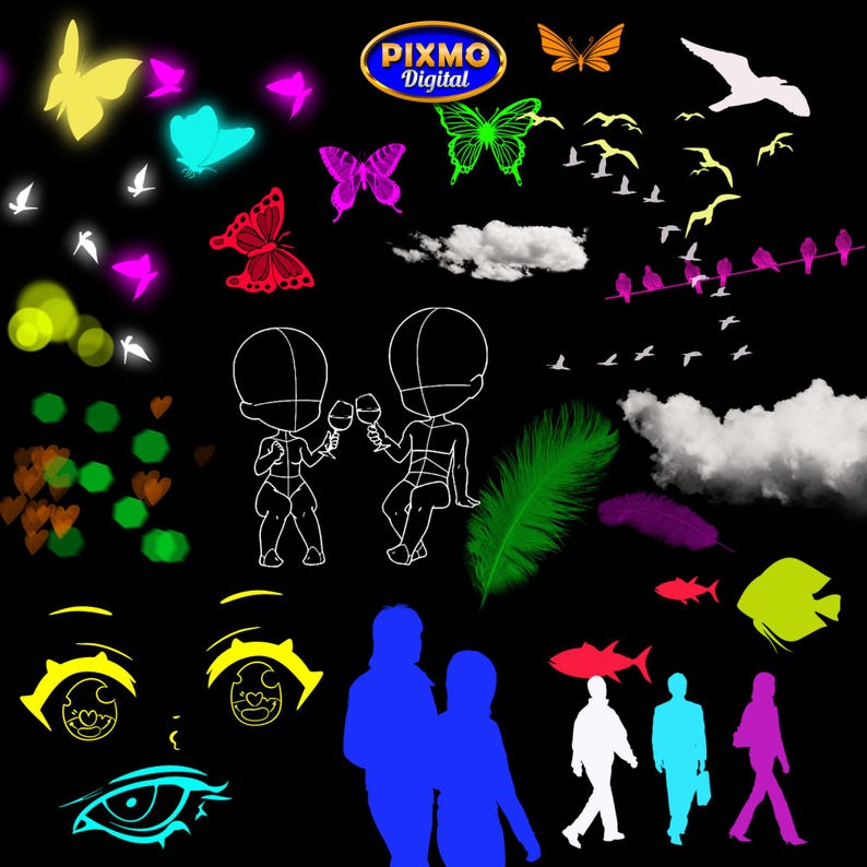 May include: A digital collection of graphic elements on a black background including neon butterflies, white birds, clouds, a green feather, anime-style eyes, and silhouettes of people. The text PIXMO Digital appears in an oval at the top center.