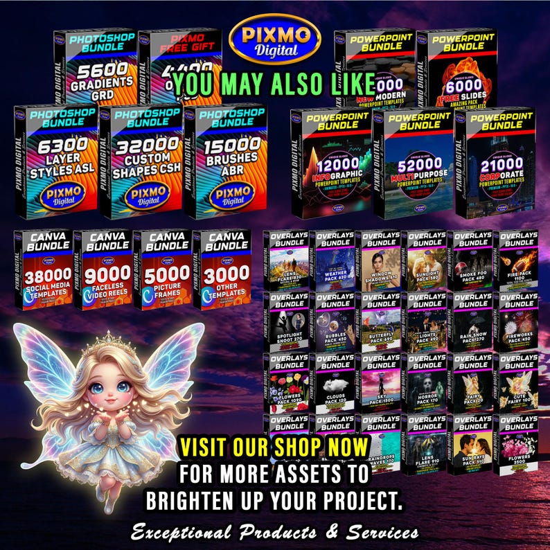 May include: A digital collection of Pixmo Digital software bundles including Photoshop, PowerPoint, and Canva templates, overlays, and assets. A fairy illustration with glowing wings is featured alongside text reading YOU MAY ALSO LIKE and VISIT OUR SHOP NOW.