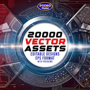 May include: A digital graphic featuring a central white circle with the text 20000 VECTOR ASSETS, EDITSBLE DESIGNS, EPS FORMAT, WITH PREVIEWS. The background is a dark blue and red technical interface with geometric patterns and light flares.