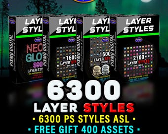 Könnte beinhalten: Vier schwarze rechteckige Boxen mit der Aufschrift Layer Styles und dem Pixmo Digital Logo. Der Text zeigt 6300 Layer Styles, 6300 PS Styles ASL und Free Gift 400 Assets. Die Boxen zeigen verschiedene Volumenanzahlen, darunter 399, 1600 und 2700 Styles.