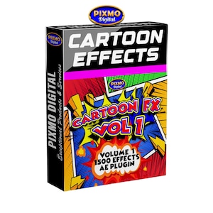 May include: A rectangular product box for Pixmo Digital Cartoon Effects Vol 1. The black top section features white text reading CARTOON EFFECTS. The main panel displays a colorful comic book style graphic with the text CARTOON FX VOL 1.