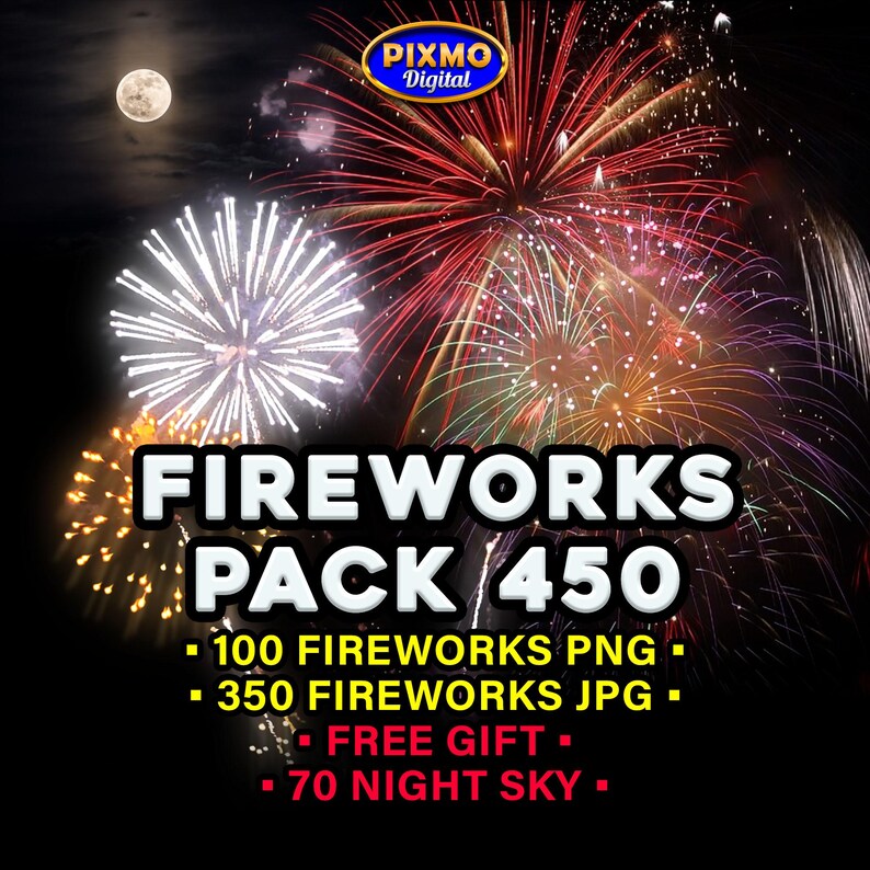 Firework Overlays 450 Pack: JPG and Transparent PNG + Free Gift Night ...