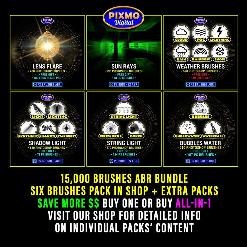 May include: A digital bundle of 15,000 Photoshop brushes featuring six packs: Lens Flare, Sun Rays, Weather Brushes, Shadow Light, String Light, and Bubbles Water. Each section displays icons and text detailing the number of brushes and free gifts included.