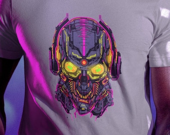 Cyberpunk Robot Skull T-Shirt: Synthwave Neoncore Vaporwave Tee
