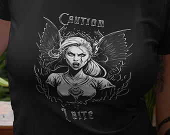 Camiseta de vampiro de Halloween, camiseta de mordedura gótica, camiseta gótica, regalo espeluznante para niña, ángel alado, camiseta de vampiro para niña