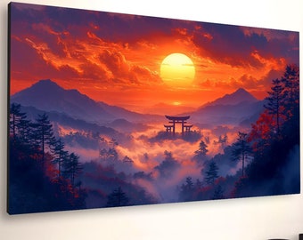 Japanese Mountain Temple Canvas Art: Orange Sunset Landscape