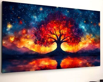 Tree of Life Watercolor Canvas Print: Sunset Fantasy Artwork