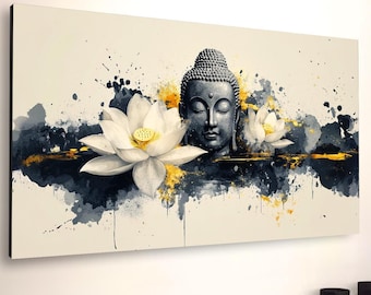 Buddha Lotus Canvas Art: Ink Splash Style, Ready to Hang
