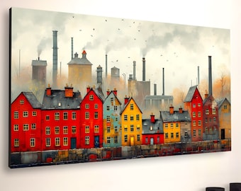 Victorian Factory Village Canvas Art: Retro Industrial Print