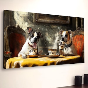 May include: Two dogs, one white and brown, one black and white, are sitting at a table with teacups and saucers. The dogs are wearing collars and are looking at the camera. The table is covered in a yellow tablecloth. The background is a dark, smoky room with a painting on the wall.