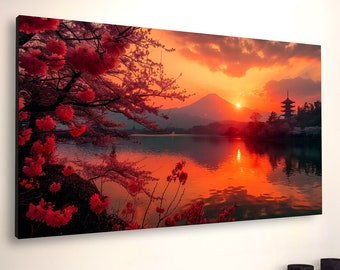 Japanese Sunset Canvas Art: Lake Landscape Wall Decor