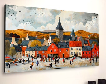 Victorian Village Canvas Print: Retro English Town Wall Art