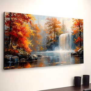 Wasserfall-Wandkunst auf Leinwand, Fantasy-Ölgemälde, Naturbild, Heimdekoration, Kunstwerk-Geschenk, Herbstfarben, entspannende Schönheit