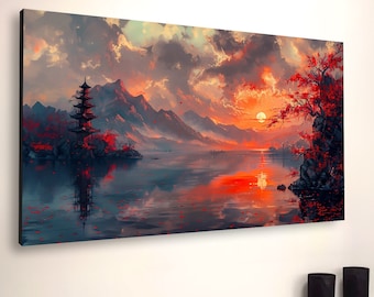 Japanese Sunset Lake Canvas Art: Mountain Vista Home Decor