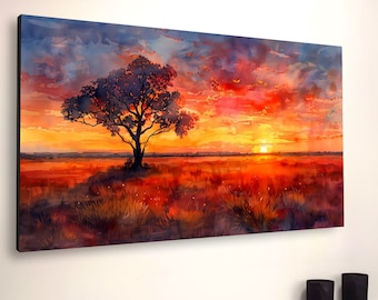 Sunset Canvas Wall Art: Australian Outback Watercolor Landscape