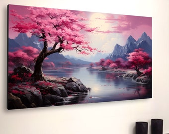 Japanese Cherry Blossom Canvas: Fantasy Landscape Art, Ready to Hang