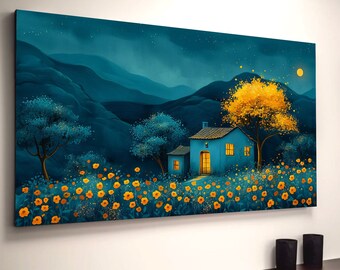 Blue Teal Flower Field Canvas Print: Country Farmhouse Wall Art