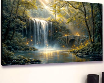 Waterfall Canvas Wall Art: Fantasy Forest Bridge Painting